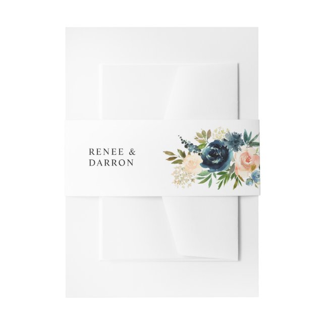 Navy & Dusty Blue Pink Blush Floral 3 Invitation Belly Band (Front Example)