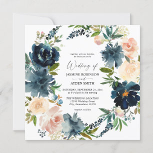 Navy, Dusty Blue & Pink Floral 2 Square Wedding Invitation