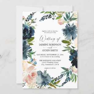 Navy, Dusty Blue & Pink Floral 2 Wedding Invitation