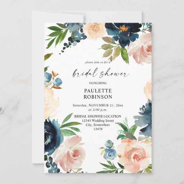 Navy & Dusty Blue, Pink Floral Bridal Shower Invitation (Front)
