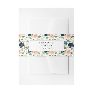 Navy & Dusty Blue Pink Floral Invitation Belly Band