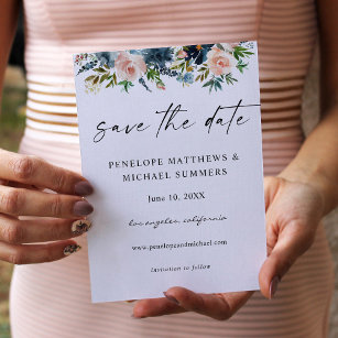 Navy Dusty Blue & Pink Floral Save the Date V2