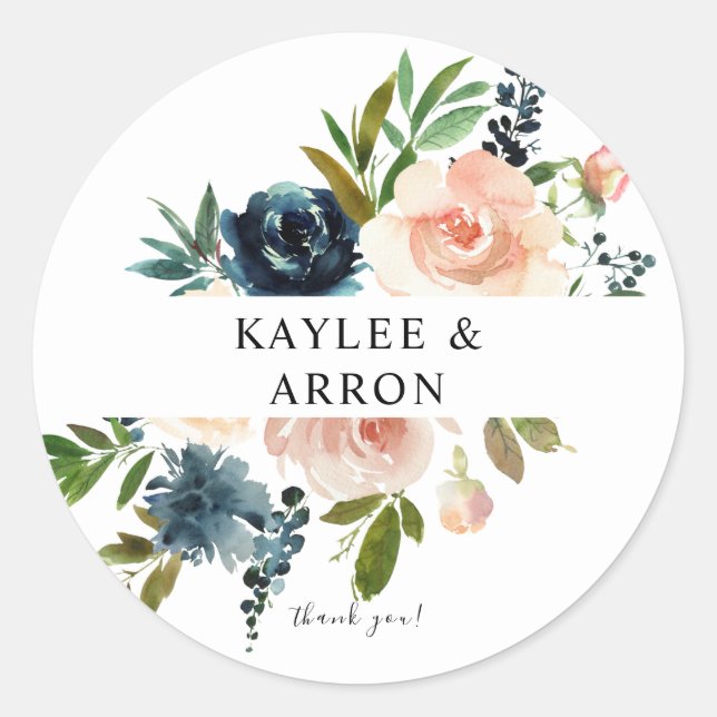 Navy & Dusty Blue Pink Floral Thank You 2 Classic Round Sticker (Front)