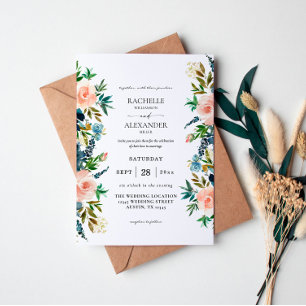 Navy, Dusty Blue & Pink Floral Wedding Invitation