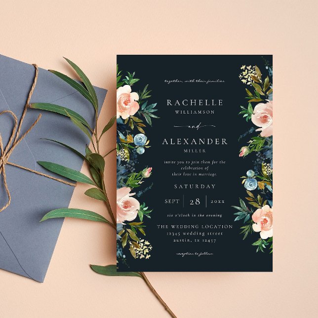 Navy, Dusty Blue & Pink Floral Wedding V2- Navy Invitation (Creator Uploaded)