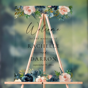 Navy, Dusty Blue & Pink Floral Wedding Welcome Acrylic Sign