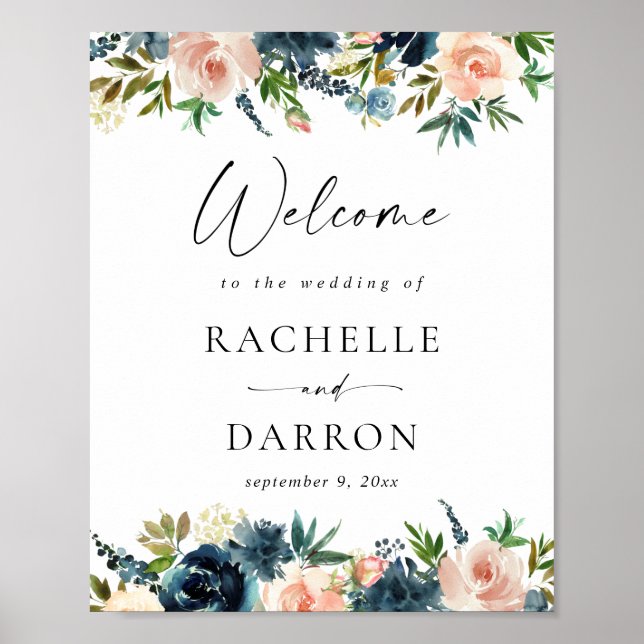 Navy, Dusty Blue & Pink Floral Welcome Sign (Front)