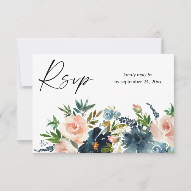 Navy & Dusty Blue Pink Floral with Meal RSVP Card (Front)