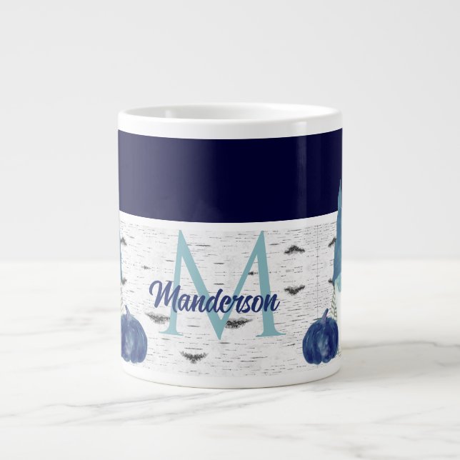 Navy Dusty Blue Pumpkin Gnomes Aspen Rustic House  Large Coffee Mug (Front)