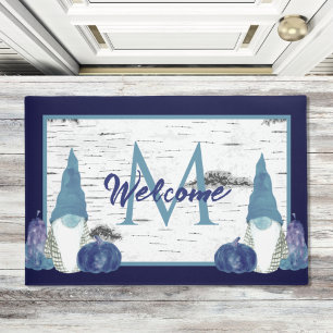 Navy Dusty Blue Pumpkin Gnomes Aspen Rustic wood Doormat