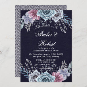 Navy Dusty Blue Rose Floral Wedding Invitations 