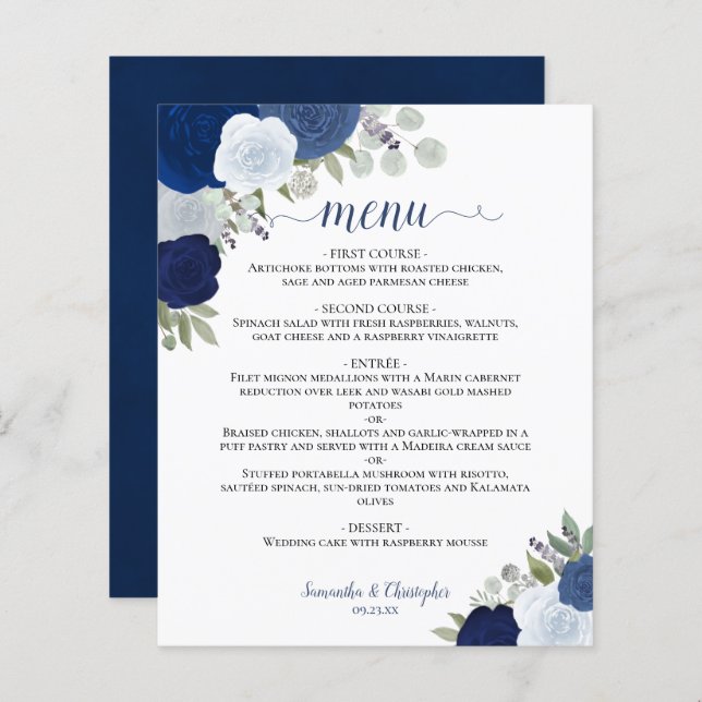 Navy & Dusty Blue Roses Budget Wedding Menu (Front/Back)
