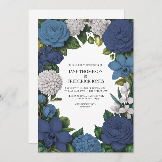 Navy, Dusty Blue & Silver Floral Wedding Invitation (Front/Back)