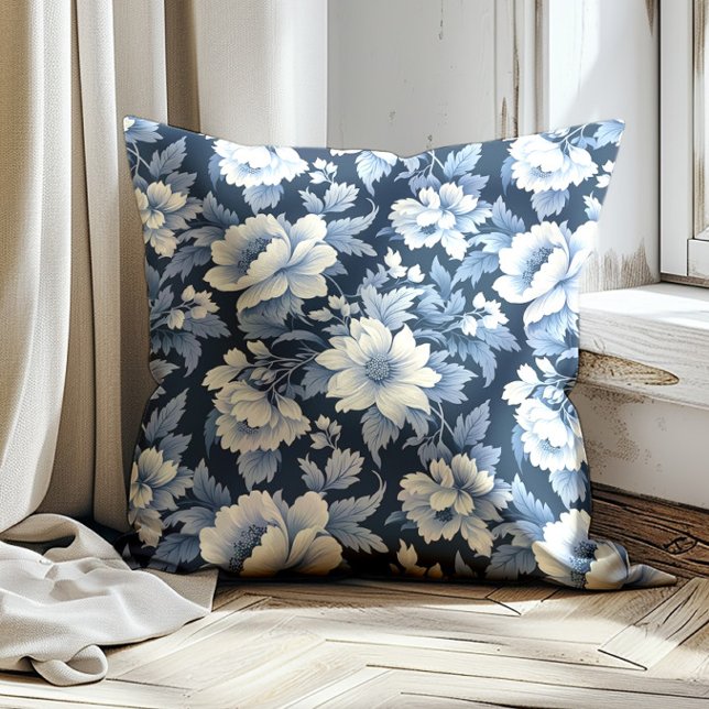 Navy Dusty Blue Vintage Floral Cushion (Elegant navy blue, dusty blue, and white vintage floral decorator pillow)