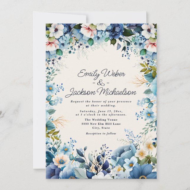 Navy Dusty Blue Watercolor Floral Wedding Invitation (Front)