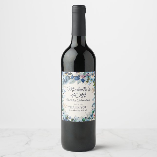 Navy Dusty Blue White Floral 40th Birthday Wine Label (Front)