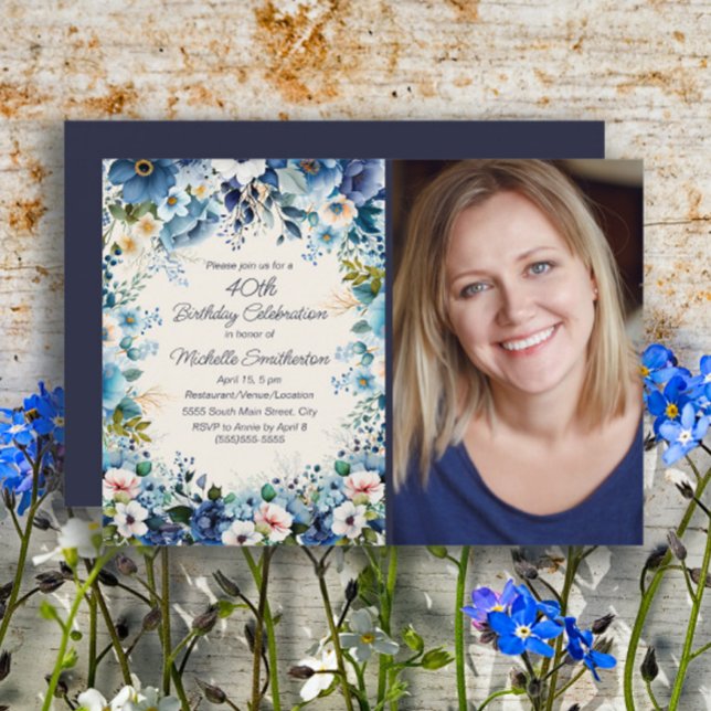 Navy Dusty Blue White Floral 75th Birthday Photo Invitation (Blue floral 40th birthday party photo invitation)