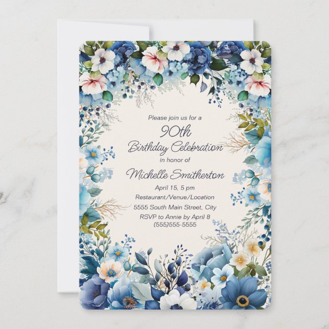 Navy Dusty Blue White Flowers 90th Birthday Invitation (Front)