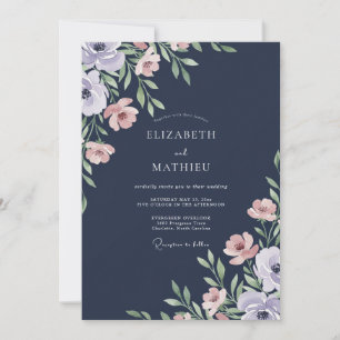 Navy Dusty Pink Leafy Wedding Invitation