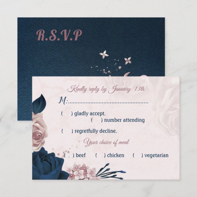 navy & dusty rose flowers meal choice RSVP card (Front/Back)