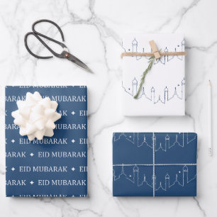 Navy Eid Mubarak Masjid Pattern Design Wrapping Paper Sheet
