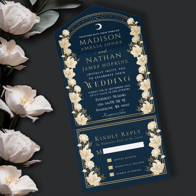 Navy Elegant Arch Art Nouveau Wedding All In One Invitation (Creator Uploaded)