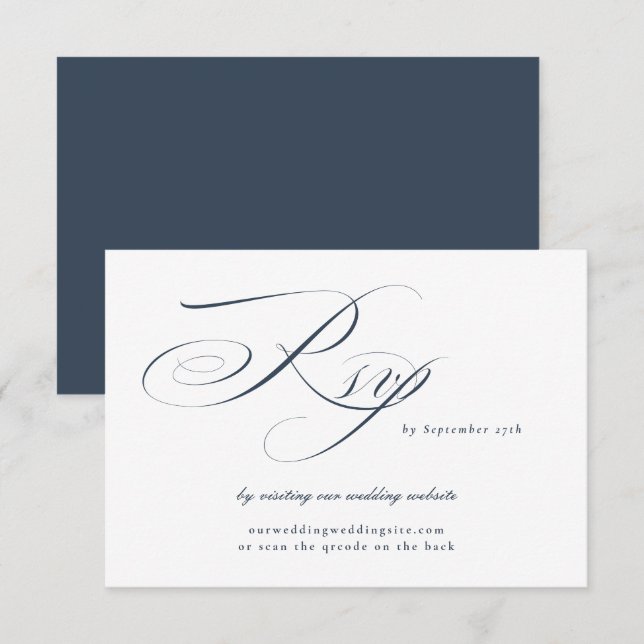 Navy Elegant Calligraphy Wedding Website QR CODE RSVP Card (Front/Back)