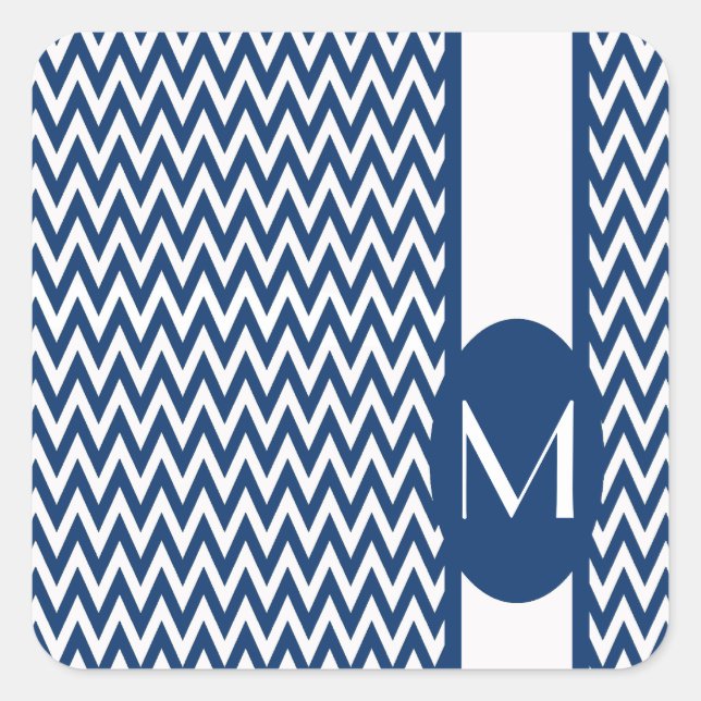 Navy Elegant Chevron Design with monogram Square Sticker (Front)