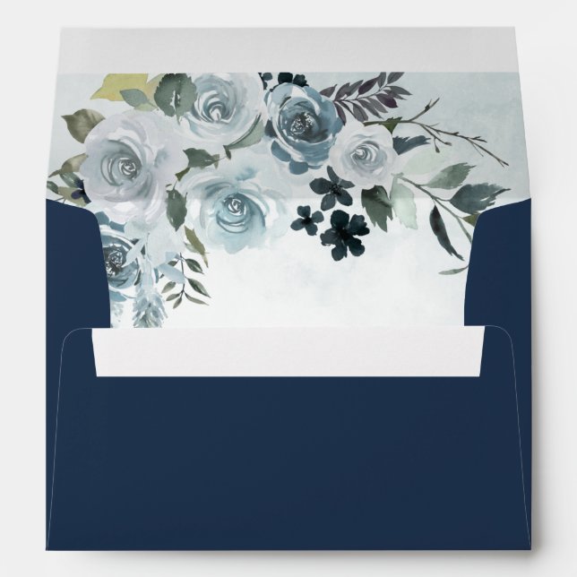 Navy Elegant Dusty Blue Floral Watercolor Wedding Envelope (Back (Bottom))