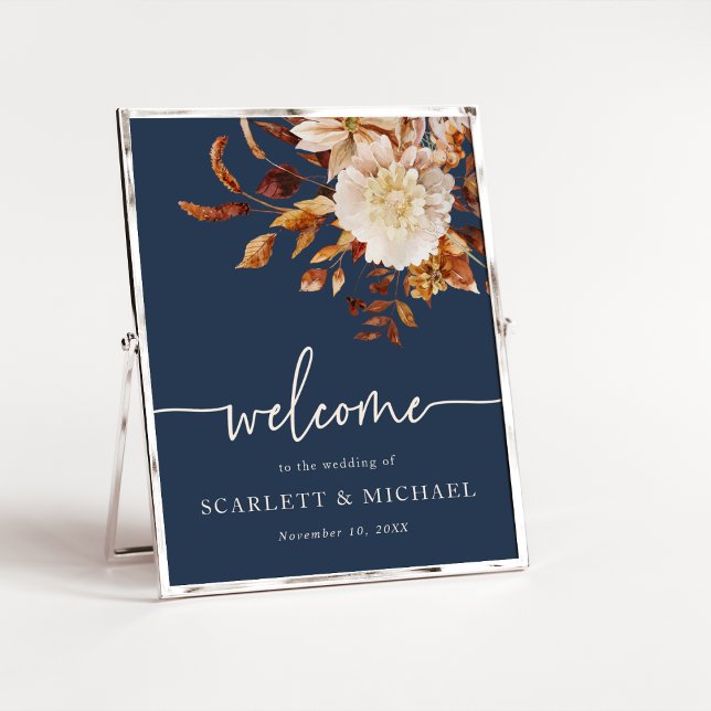 Navy Elegant Fall Leaves Wedding Poster (Navy Blue Elegant Autumn Leaves Wedding Poster by Painted Paperie
)