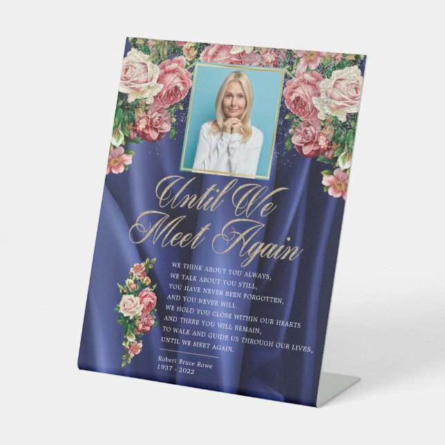 Navy Elegant Floral Rosy Photo Funeral Poem Pedestal Sign (Front)