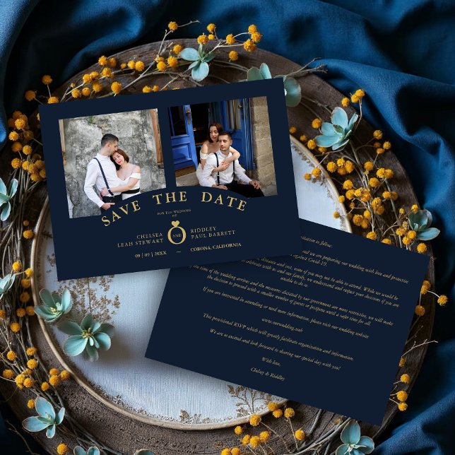 Navy Elegant Gold 2 Photos Sophisticated Wedding (Navy Elegant Gold 2 Photos Sophisticated Wedding Save the Date Cards.)