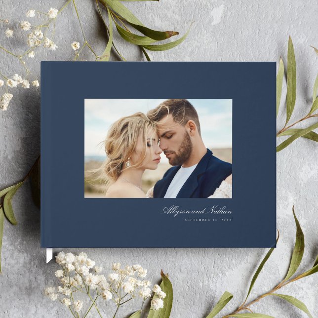 Navy Elegant Modern Simple Script Photo Wedding Guest Book (Creator Uploaded)