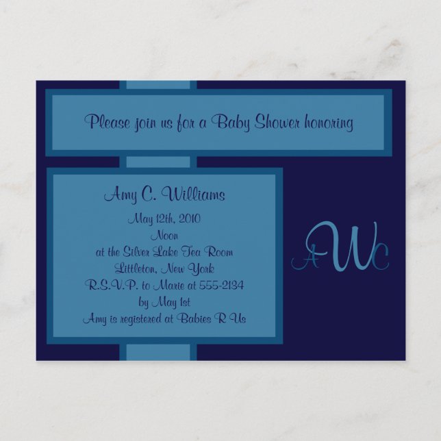 Navy Elegant Monogram Shower Invitation Postcard (Front)