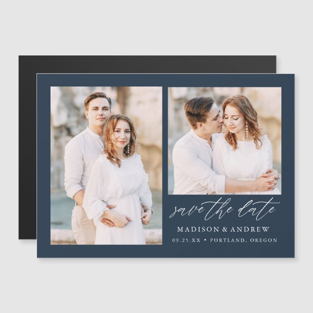 Navy Elegant Script 2 Photo Save the Date Magnetic Invitation (Front/Back)