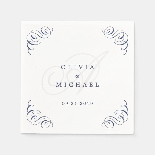 Navy elegant vintage flourish calligraphy wedding napkin (Front)