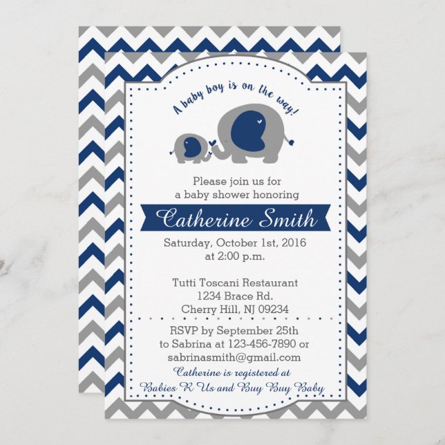 Navy Elephant Baby Shower Invitations (Front/Back)