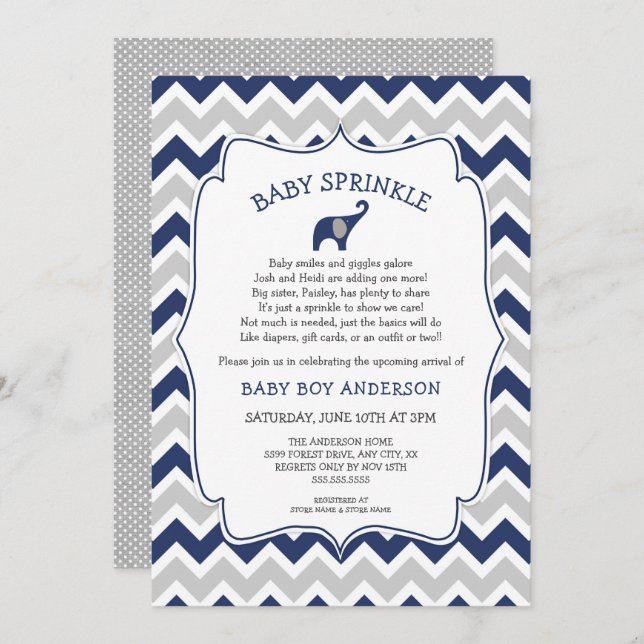Navy elephant BOY baby sprinkle with cute poem Invitation (Front/Back)