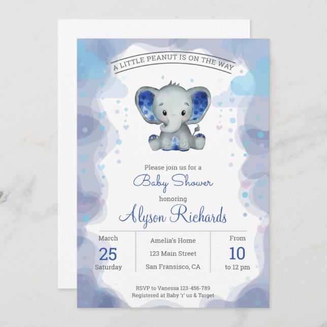 Navy elephant Watercolor Baby Shower Invitation (Front/Back)