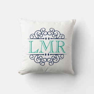 Navy & Emerald Green Vintage Frame Monogrammed Cushion