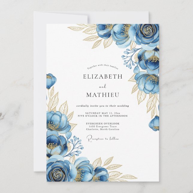 Navy Ethereal Bloom Wedding Invitation (Front)