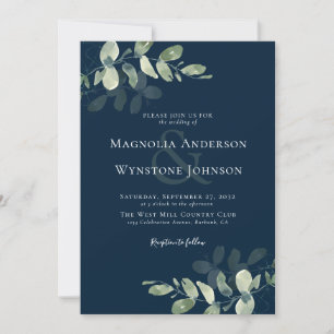 Navy Eucalyptus Ampersand Wedding Invitation