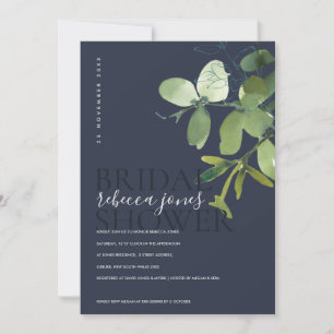 NAVY EUCALYPTUS FOLIAGE WATERCOLOR BRIDAL SHOWER ANNOUNCEMENT
