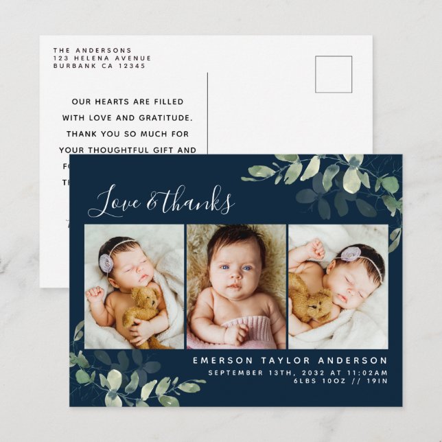 Navy Eucalyptus Photo Baby Thank You Announcement Postcard (Front/Back)