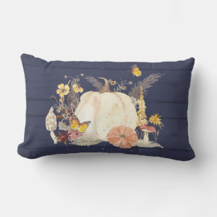 Navy Fall Autumn Pumpkin Wildflower Blue Wood  Lumbar Cushion