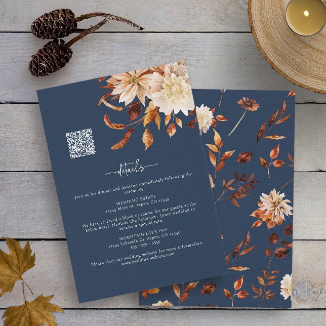 Navy Fall Details Enclosure Card (Watercolor Navy Blue Autumn Floral Details Enclosure Card with QR Code by Painted Paperie
)