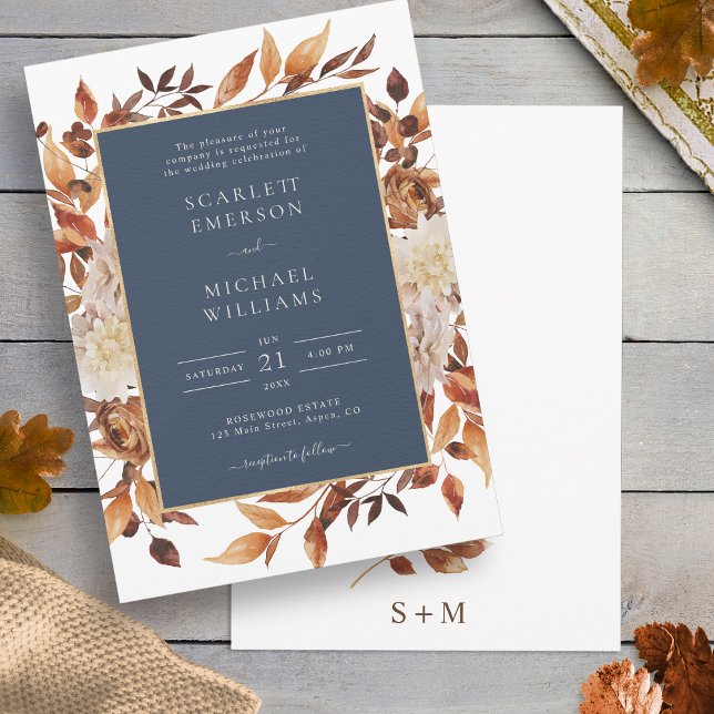 Navy Fall Floral Wedding Invitation (Navy Blue White Terracotta Fall Watercolor Floral Wedding Invitation by Painted Paperie
)