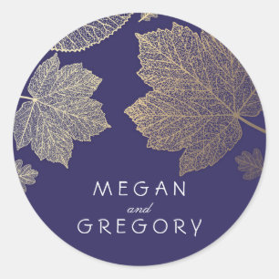 Navy Fall Gold Leaves Wedding Classic Round Sticker