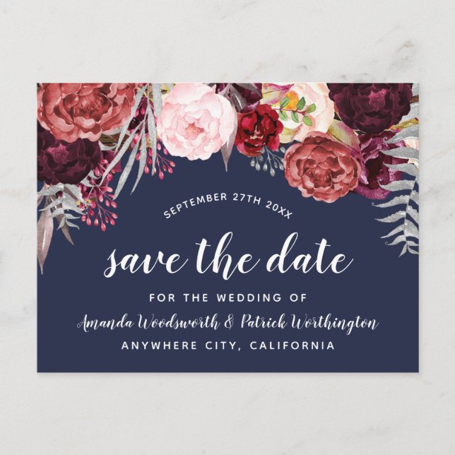 Navy Fall Marsala Blush Peony Save The Date Cards (Front)