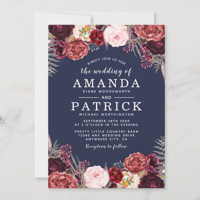 Navy Fall Marsala Blush Peony Wedding Invitations (Front)